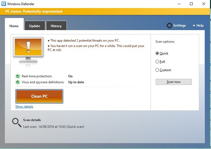 Исправлено: Защитник Windows постоянно запрашивает сканирование после юбилейного обновления Windows 10.