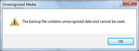 Исправление файла резервной копии содержит нераспознанные данные и не может быть использовано из-за ошибки
